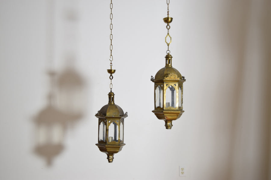 Pair of Hexagonal Brass Lanterns