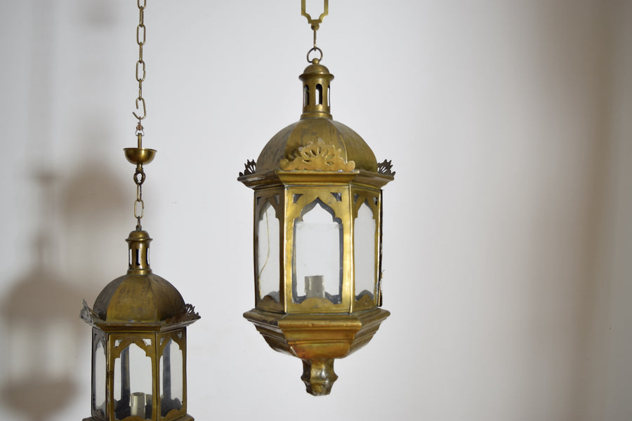 Pair of Hexagonal Brass Lanterns