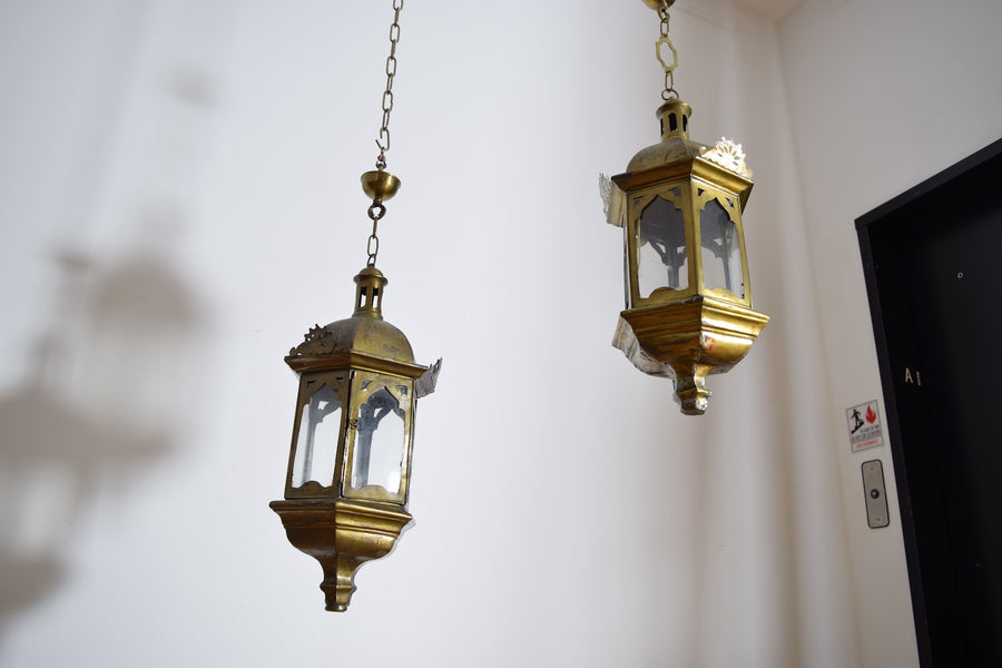 Pair of Hexagonal Brass Lanterns