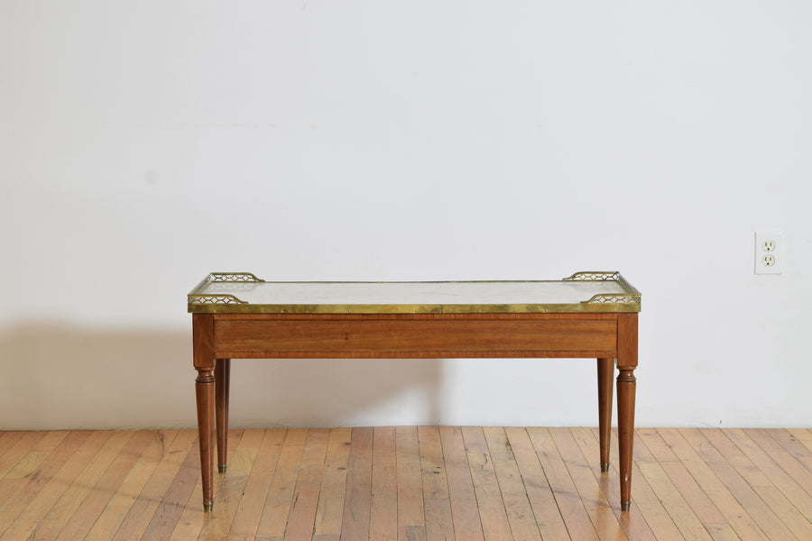 Light Walnut, Marble-Top, and Brass Coffee Table