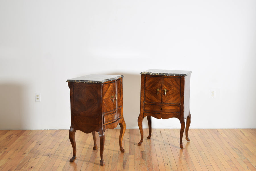 Pair of Walnut Veneered and Portoro Marble Bedside Commodes