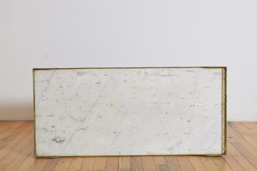Light Walnut, Marble-Top, and Brass Coffee Table