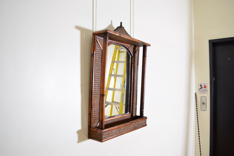 Rattan, Faux Bamboo, and Brass Pagoda Shaped Mirror