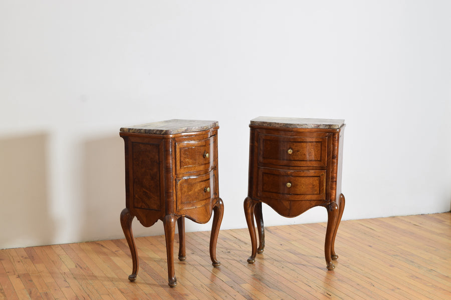 Pair of Walnut, Inlaid, and Marble-Top Bedside Commodes