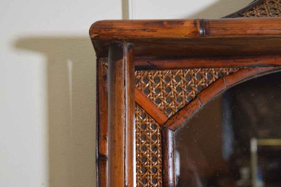 Rattan, Faux Bamboo, and Brass Pagoda Shaped Mirror