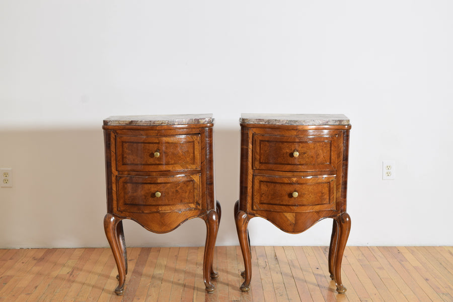 Pair of Walnut, Inlaid, and Marble-Top Bedside Commodes