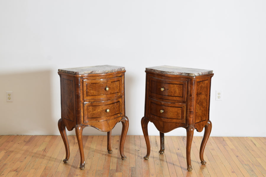 Pair of Walnut, Inlaid, and Marble-Top Bedside Commodes