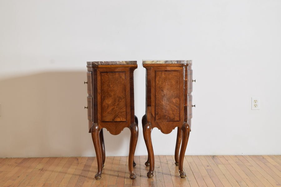 Pair of Walnut, Inlaid, and Marble-Top Bedside Commodes