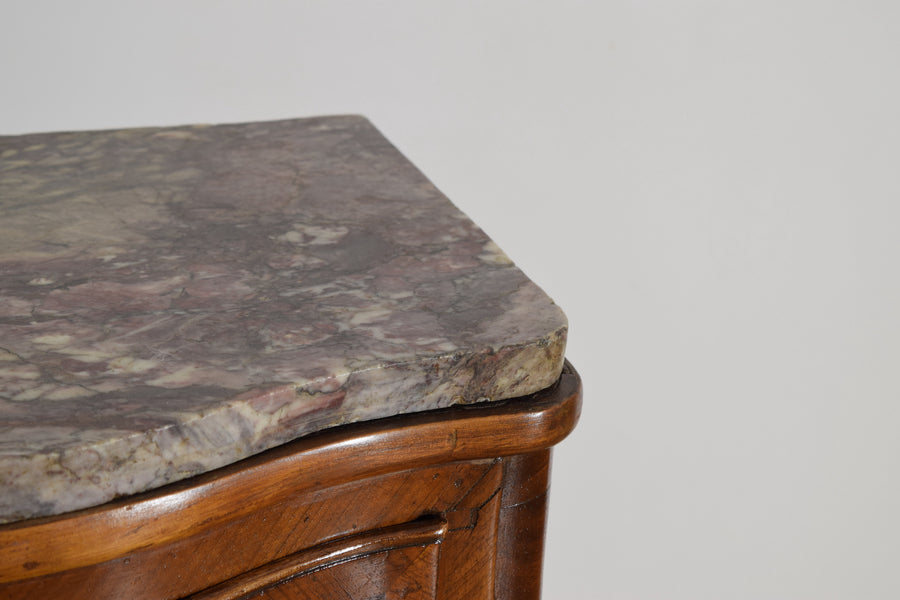 Pair of Walnut, Inlaid, and Marble-Top Bedside Commodes