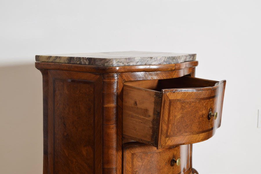 Pair of Walnut, Inlaid, and Marble-Top Bedside Commodes