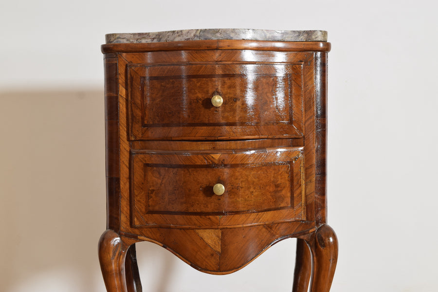 Pair of Walnut, Inlaid, and Marble-Top Bedside Commodes