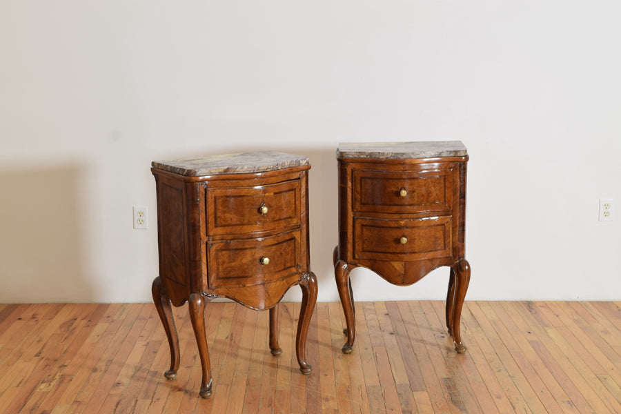 Pair of Walnut, Inlaid, and Marble-Top Bedside Commodes