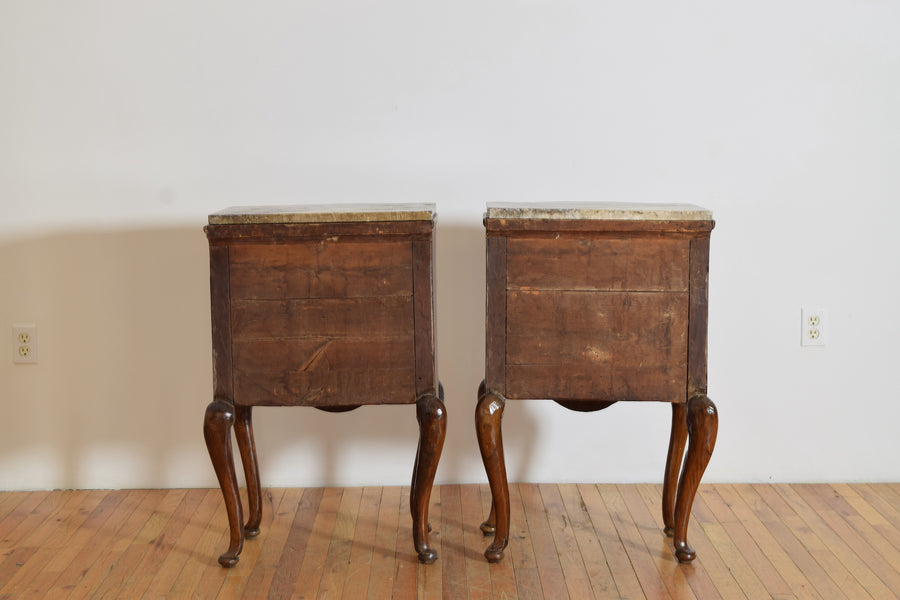 Pair of Walnut, Inlaid, and Marble-Top Bedside Commodes