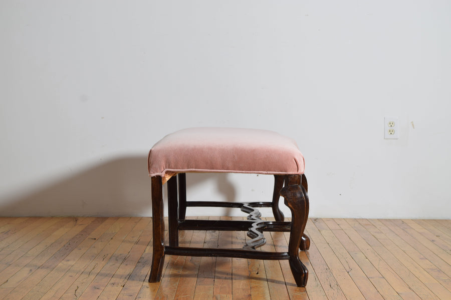 Carved Walnut and Upholstered Bench