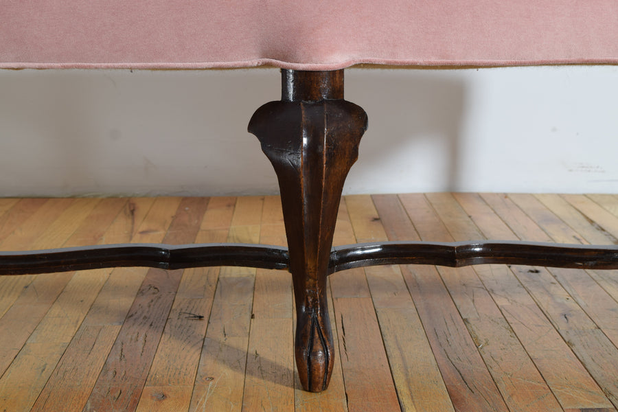 Carved Walnut and Upholstered Bench