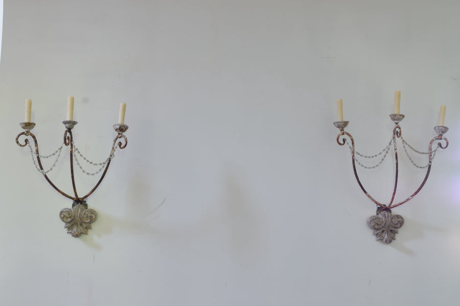 Pair of Painted Iron and Carved Wood 3-Light Sconces