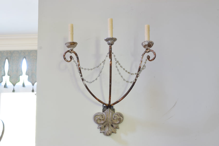 Pair of Painted Iron and Carved Wood 3-Light Sconces