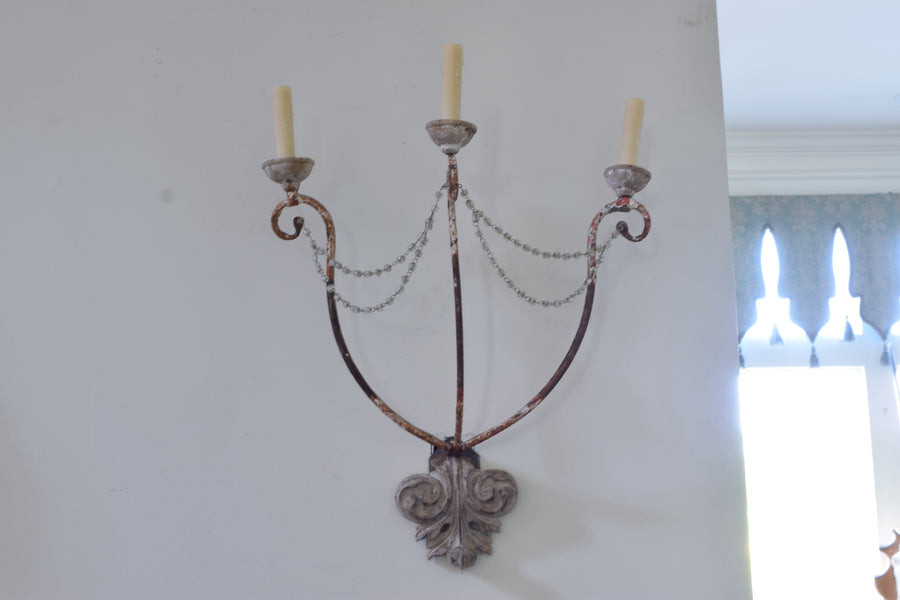 Pair of Painted Iron and Carved Wood 3-Light Sconces
