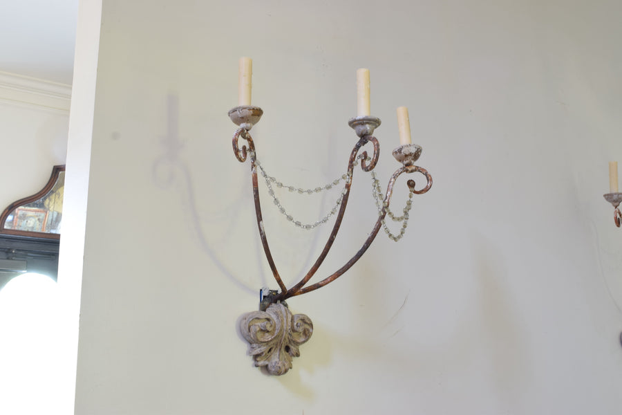 Pair of Painted Iron and Carved Wood 3-Light Sconces