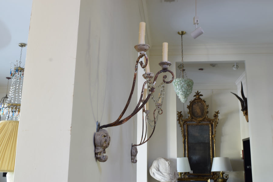 Pair of Painted Iron and Carved Wood 3-Light Sconces