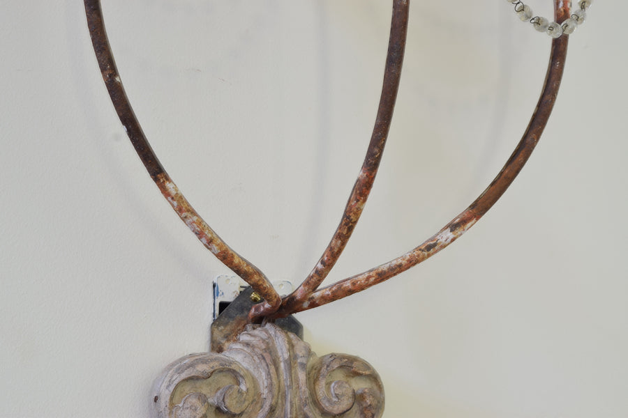 Pair of Painted Iron and Carved Wood 3-Light Sconces