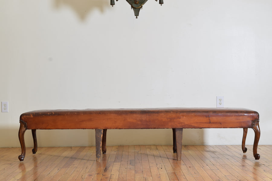 Carved Walnut and Leather Upholstered Bench