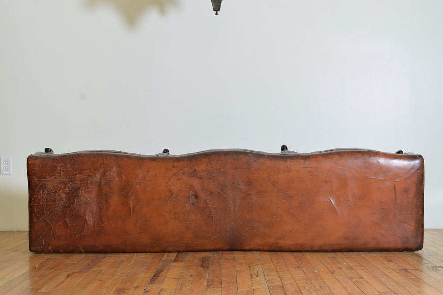 Carved Walnut and Leather Upholstered Bench