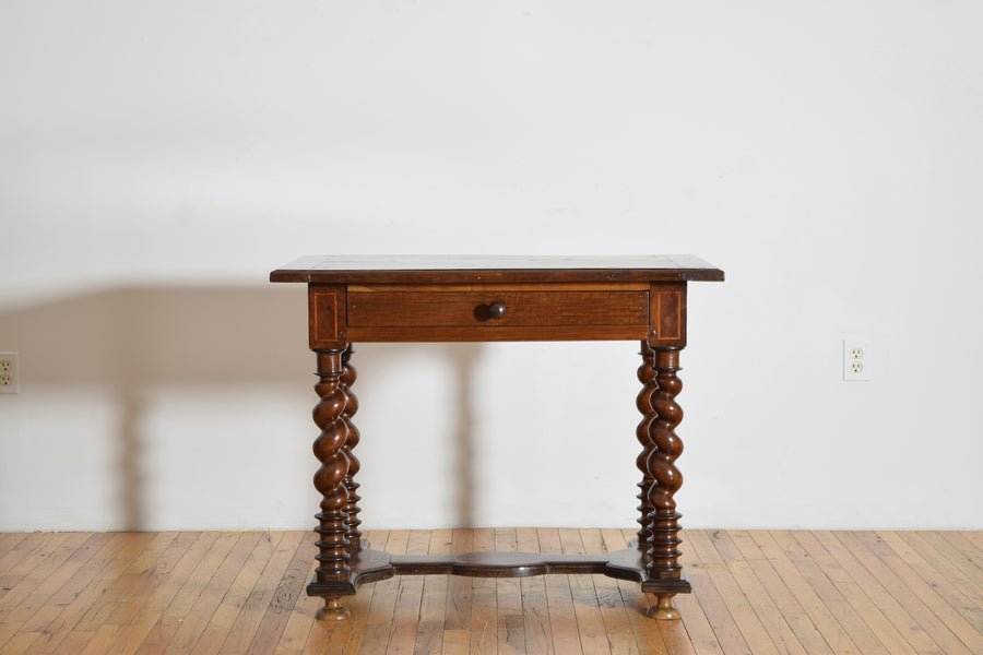 Walnut, Line Inlaid, and Turned 1-Drawer Table