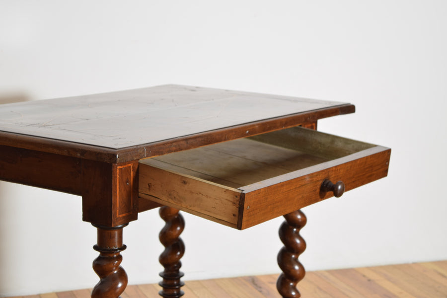 Walnut, Line Inlaid, and Turned 1-Drawer Table