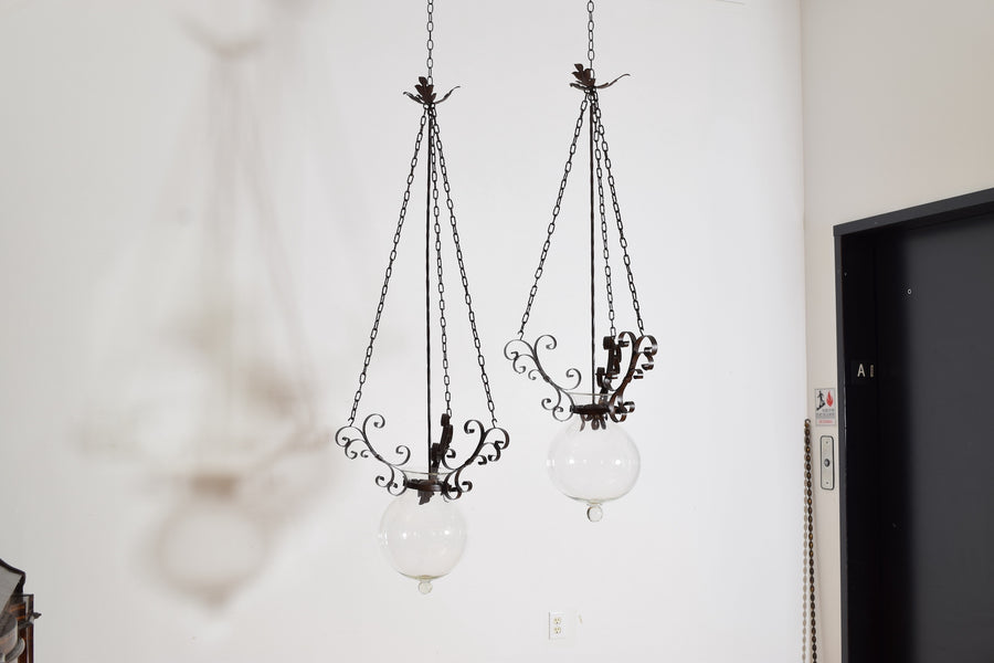 Pair of Iron and Blown Glass Pendant Lanterns