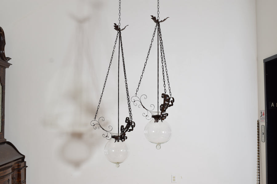 Pair of Iron and Blown Glass Pendant Lanterns