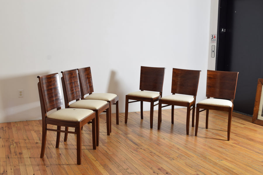 Set of 6 Shaped Walnut and Upholstered Dining Chairs