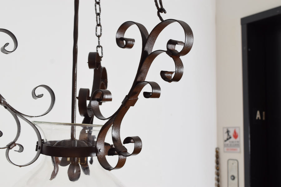 Pair of Iron and Blown Glass Pendant Lanterns