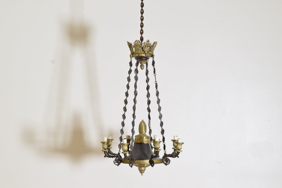 Patinated Metal and Brass 8-Arm Chandelier