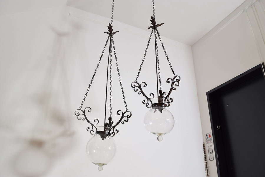 Pair of Iron and Blown Glass Pendant Lanterns