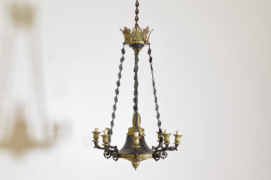 Patinated Metal and Brass 8-Arm Chandelier