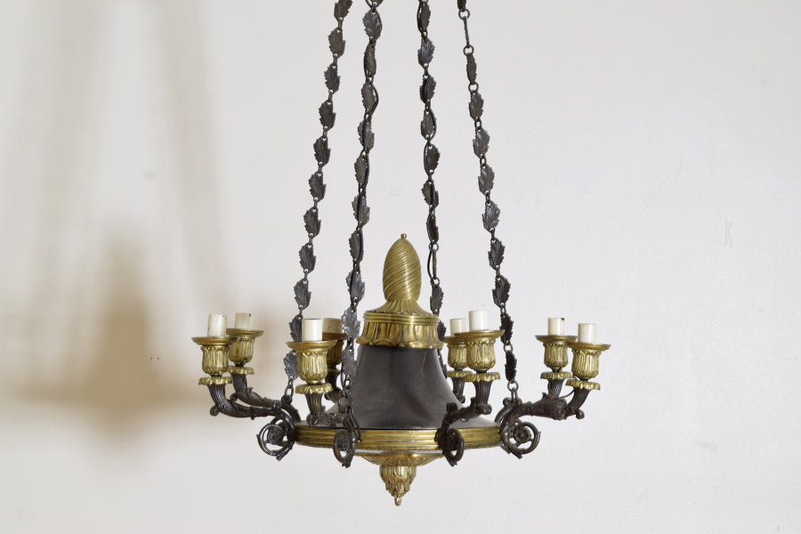 Patinated Metal and Brass 8-Arm Chandelier