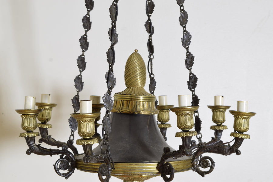 Patinated Metal and Brass 8-Arm Chandelier