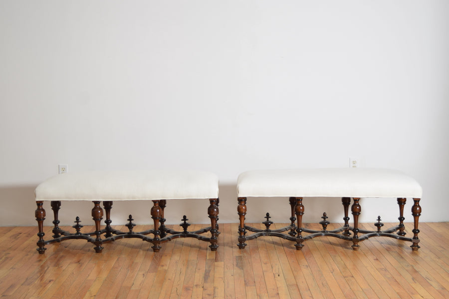Pair of Walnut, Ebonized, and Upholstered Benches