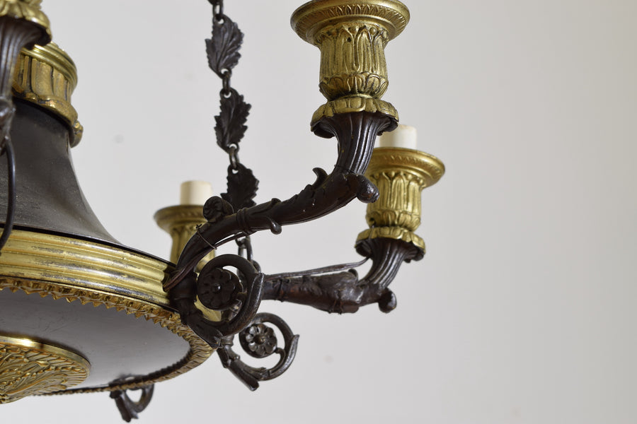 Patinated Metal and Brass 8-Arm Chandelier