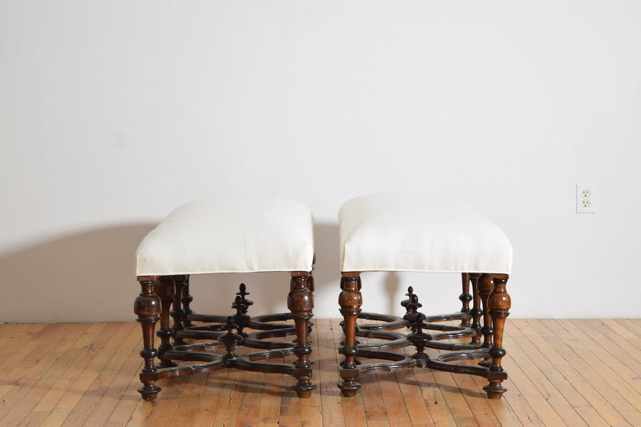 Pair of Walnut, Ebonized, and Upholstered Benches