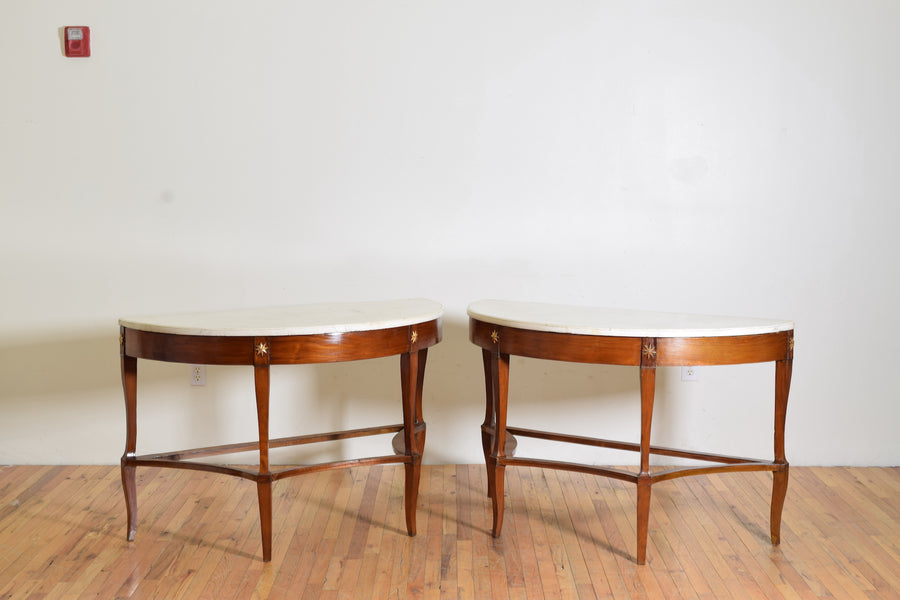 Pair of Fruitwood, Gilt, and Marble-Top Demilune Consoles