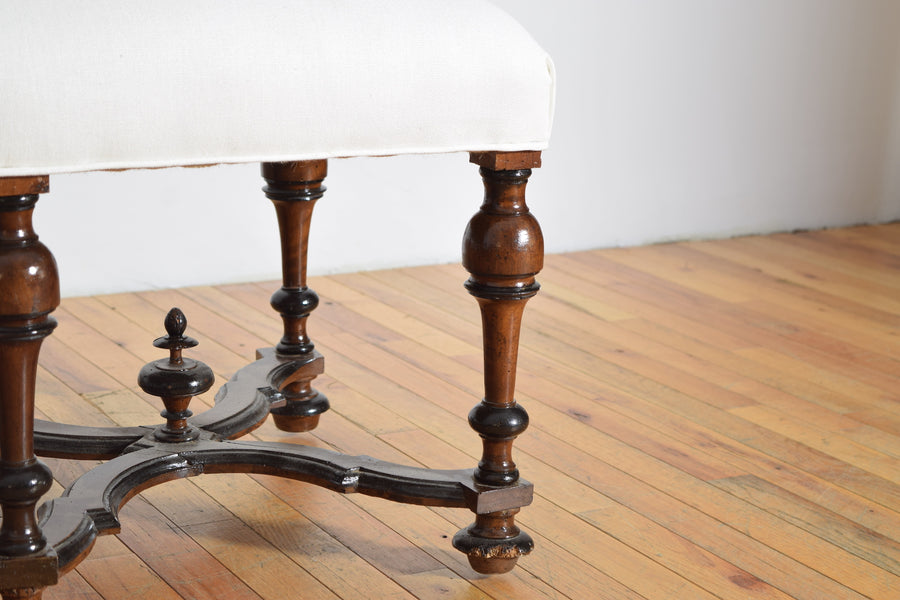 Pair of Walnut, Ebonized, and Upholstered Benches