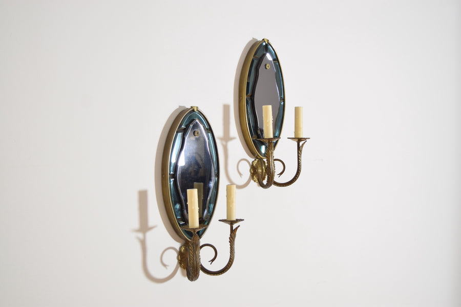Pair of Brass and Beveled Glass 2-Arm Sconces