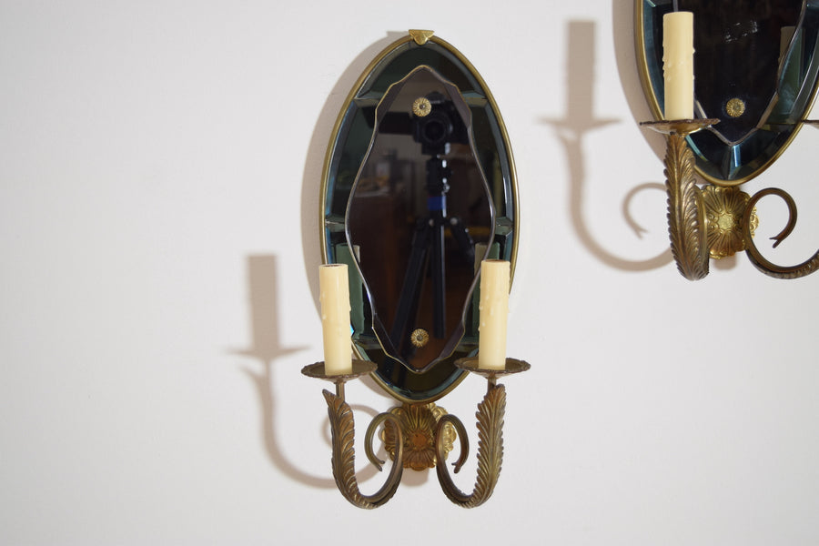 Pair of Brass and Beveled Glass 2-Arm Sconces