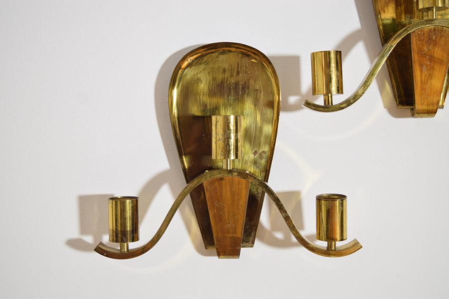 Pair of Large Brass 3-Light Sconces