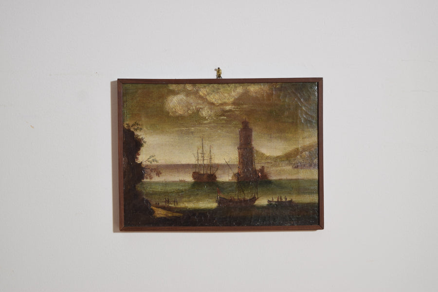 Oil on Canvas, Harbor with Galleon and Tower