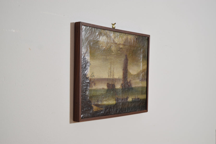 Oil on Canvas, Harbor with Galleon and Tower