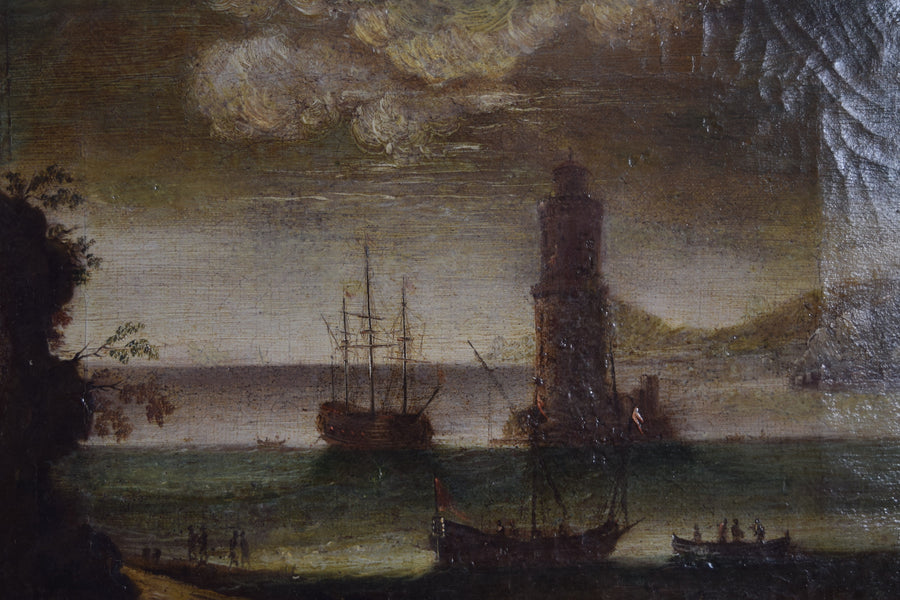 Oil on Canvas, Harbor with Galleon and Tower