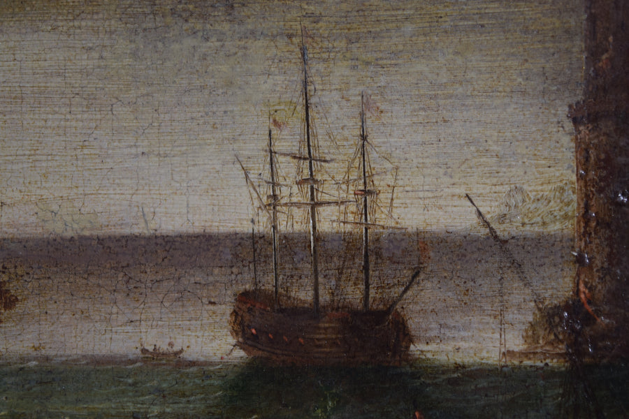 Oil on Canvas, Harbor with Galleon and Tower